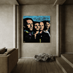 Henrix original artwork featuring Coldplay band members, painted in tones of blue, black, and peach.